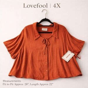 Lovefool 4X Rust Orange Blouse Tie Neck Button Front Plus Size Top Rayon Flowy
